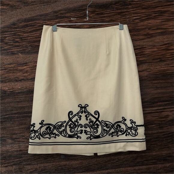 Talbots Petite VTG Cream Black Wool Embroidered Knee Length Pencil Skirt Size 8 - Picture 1 of 11